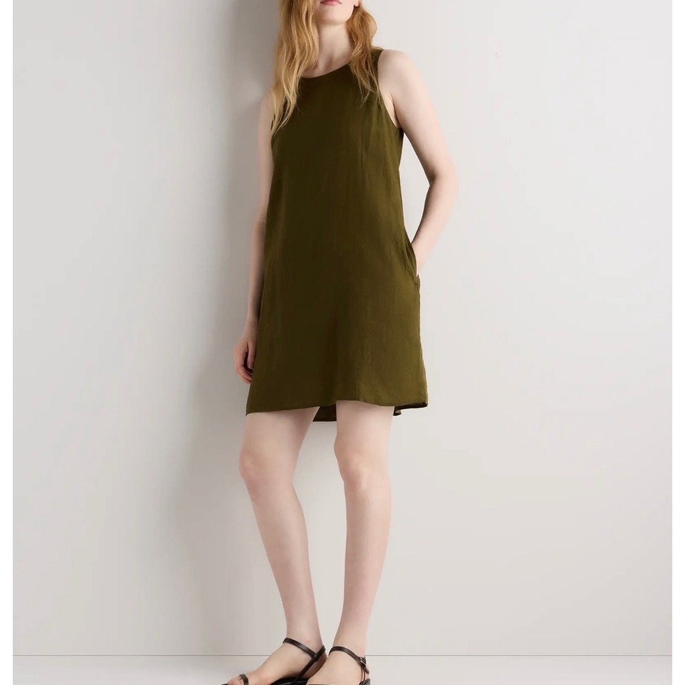 NWT Quince 100% Linen Sleeveless Shift Dress Dark Olive Green Size Large